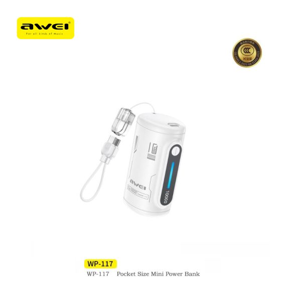 AWEI WP-117 10000mAh Smart Power Bank: Fast Charging, Built-in Cable & Pocket-Sized Power